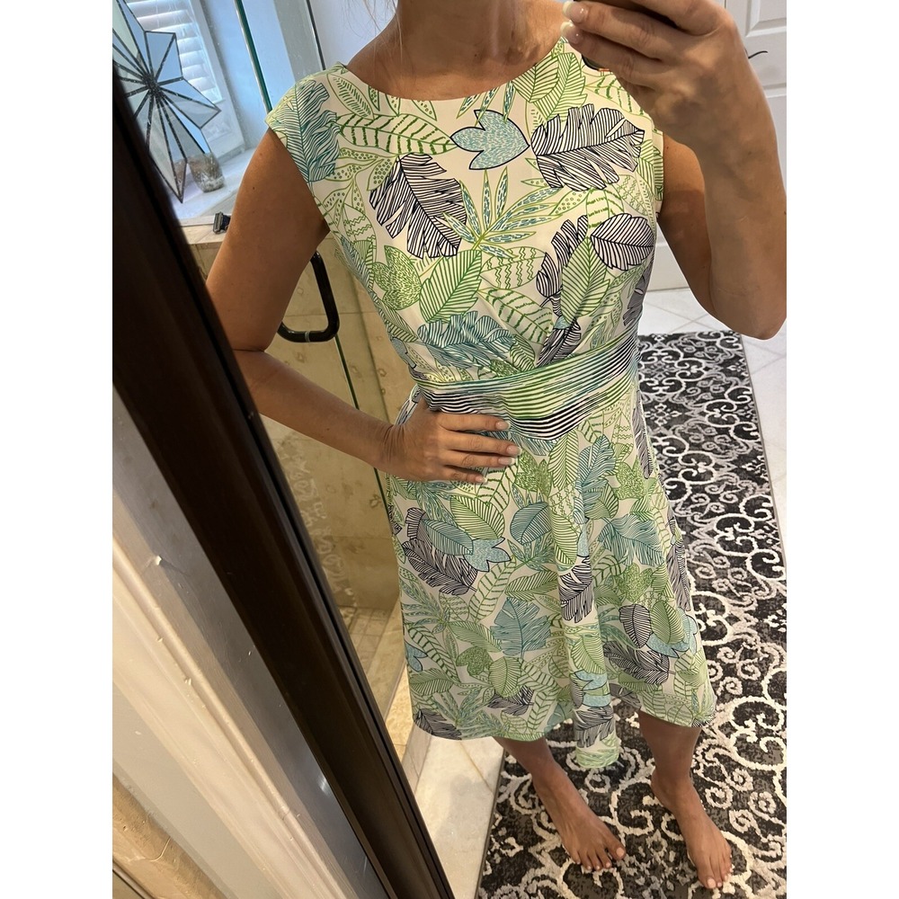 London Times Floral Sleeveless Jersey Tie Back Fit Flare Dress White Green 10